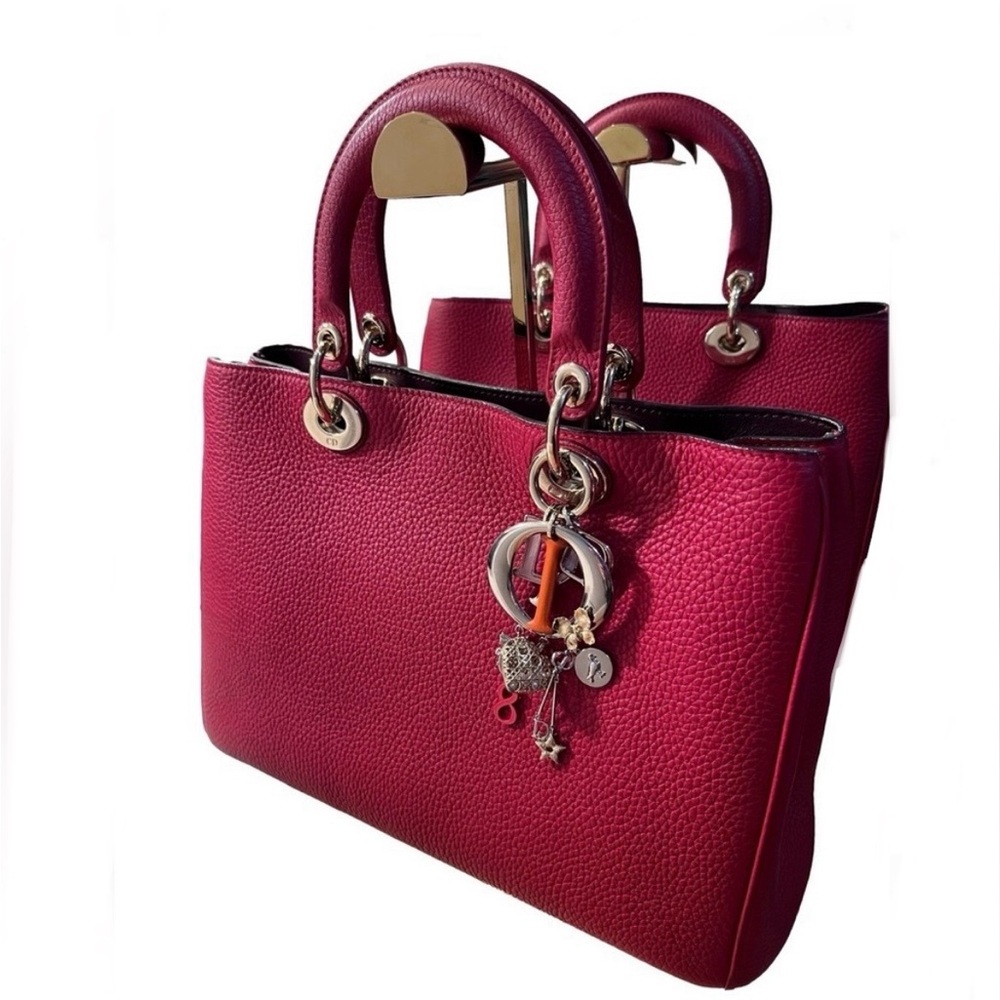 Christian Dior Red Diorissimo Pebbled Leather Tote W/Charms and Crossbody Strap